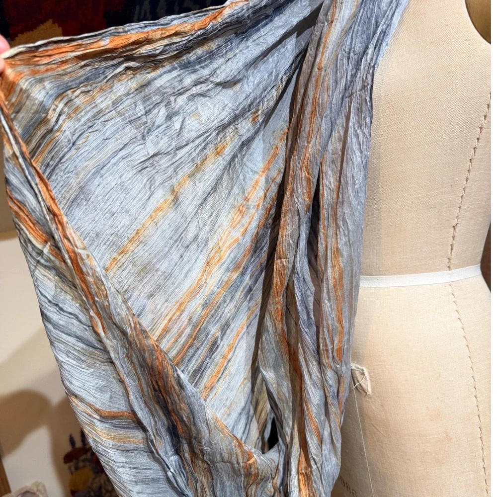 Lua 100% Silk Infinity Scarf Crinkled Abstract‎ Stripe Blue Orange Grey Vietnam